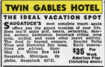 Hotel Saugatuck (Twin Gables Hotel) - April 1948 Ad